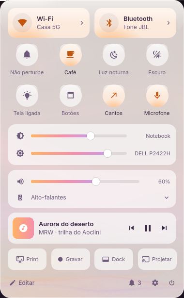 A mesma Central rápida no tema claro, em vidro cor de areia.