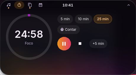 A ilha na aba Cronômetro: 24:58 de foco, com os atalhos de 5, 10 e 25 minutos.