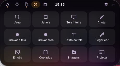 A ilha na aba Ferramentas: capturar área, janela ou tela inteira, anotar, gravar, copiar texto da tela, pegar cor, emojis, copiados, imagens e projetar.