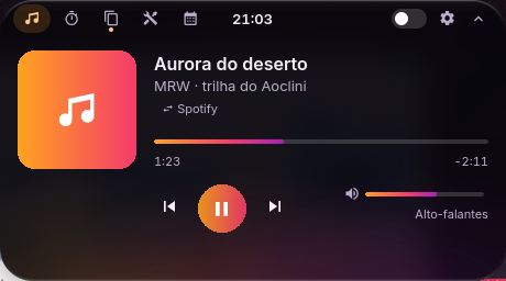 A ilha aberta na aba Música: capa, título, progresso, botões de tocar e o volume da saída.